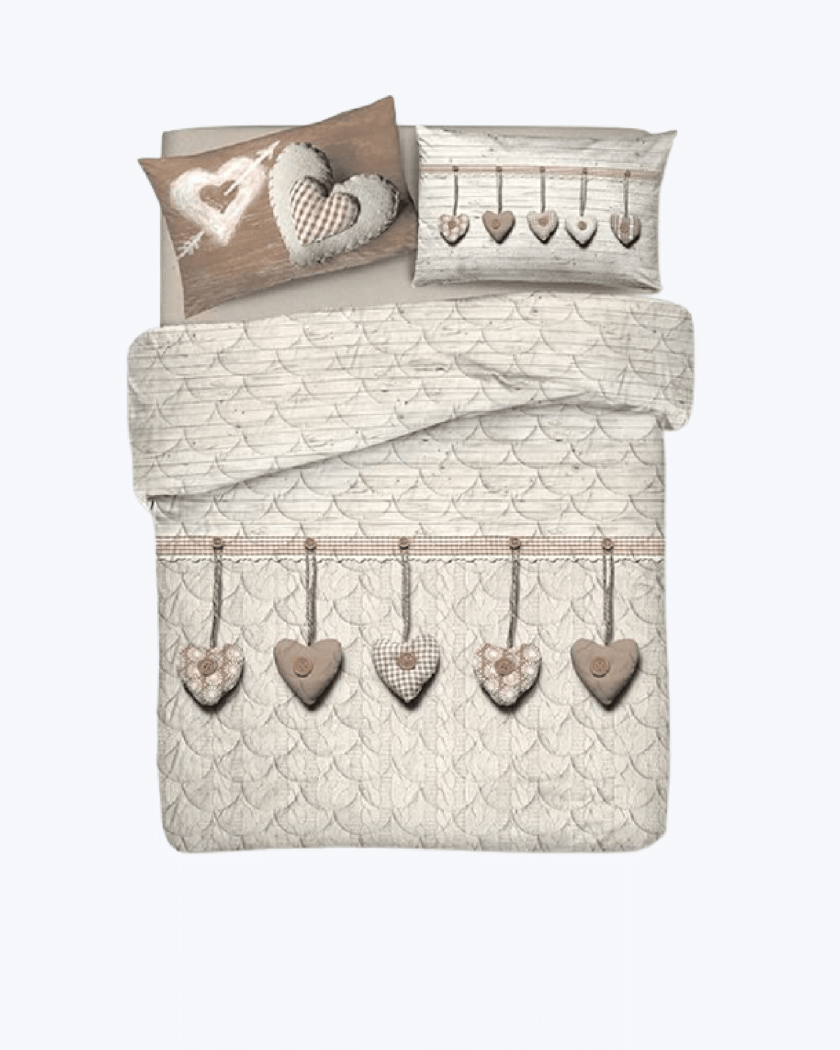 Copriletto trapuntato primaverile in cotone: Fantasia Cuori Appesi Beige