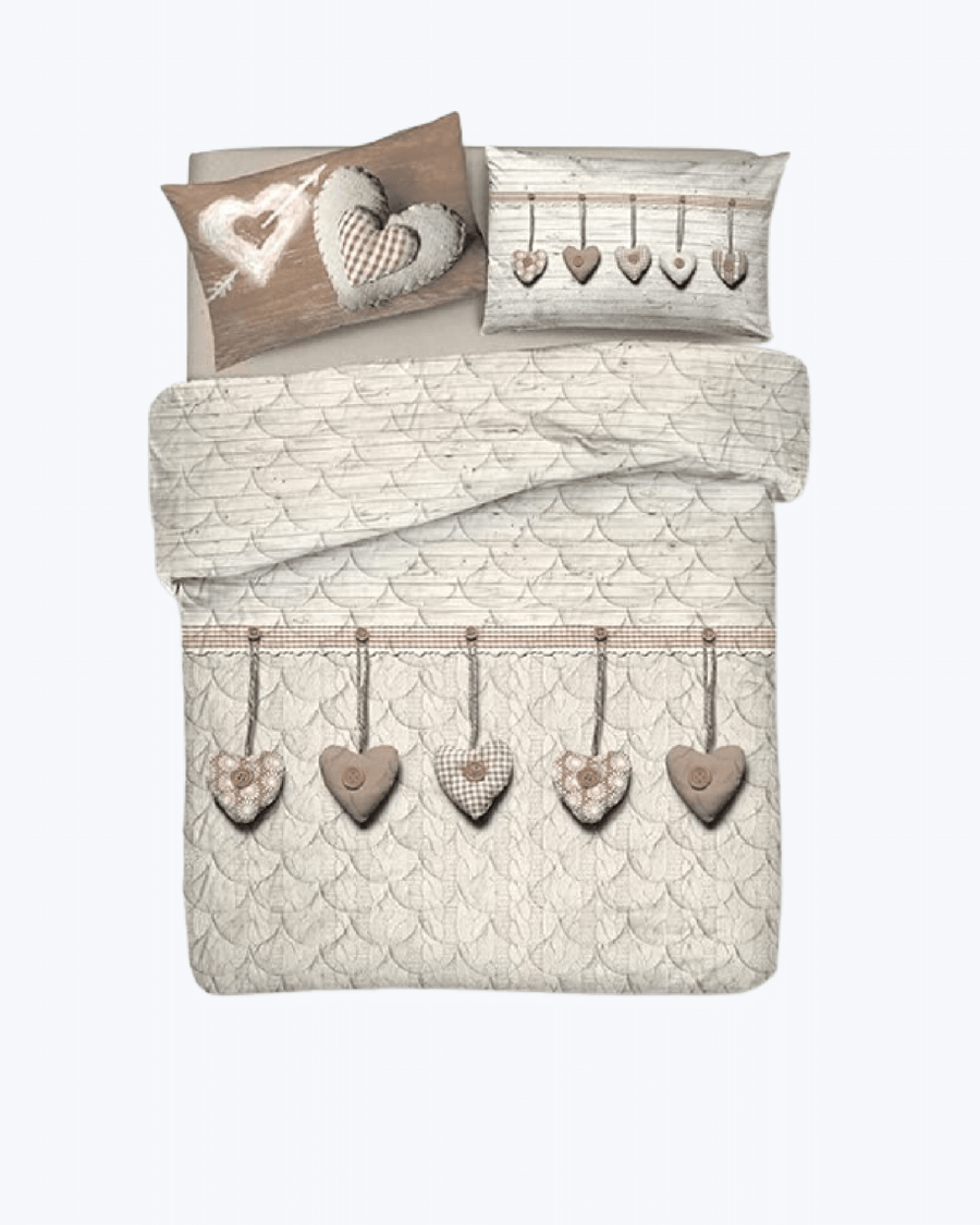 Copriletto trapuntato primaverile in cotone: Fantasia Cuori Appesi Beige