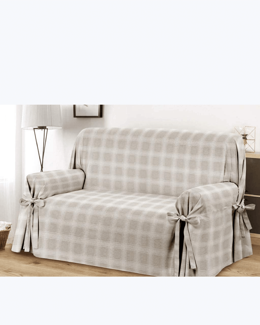 Copripoltrona / Copridivano con Lacci in Cotone | Motivo Scozzese Beige