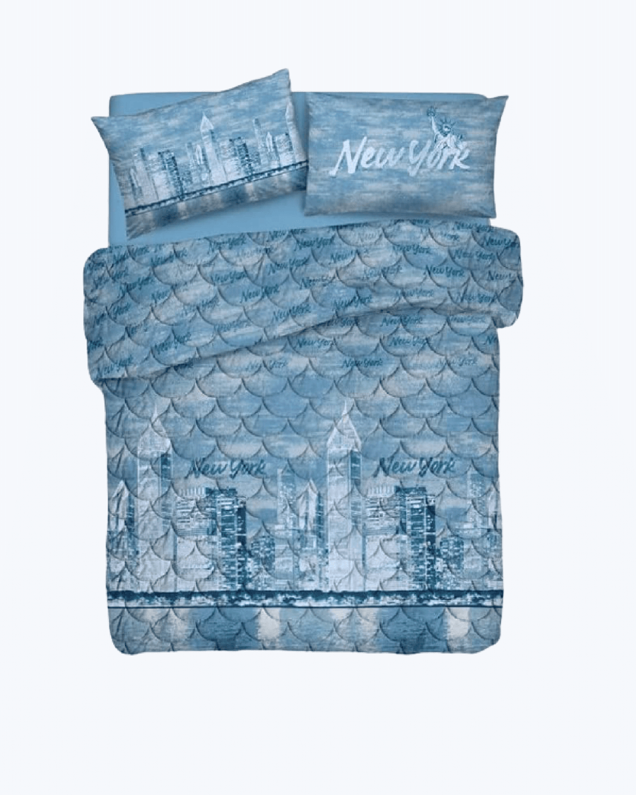 Copriletto Trapuntato Primaverile in Cotone: Fantasia New York Azzurro