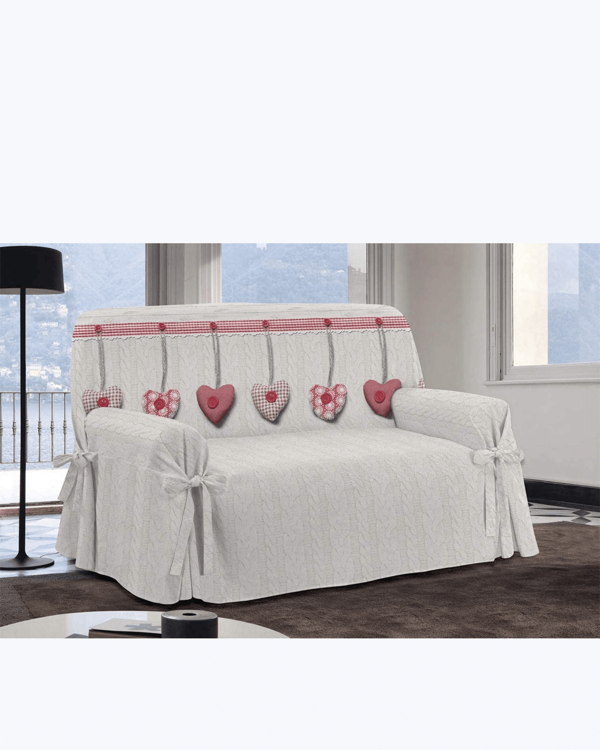 Copripoltrona/Copridivano con Laccetti Shabby con Cuori Made in Italy 1/2/3 posti - Fodera per Poltrona/Divano - Telo in Cotone per Copertura e Protezione da Polvere, Macchie ed Usura Rosso