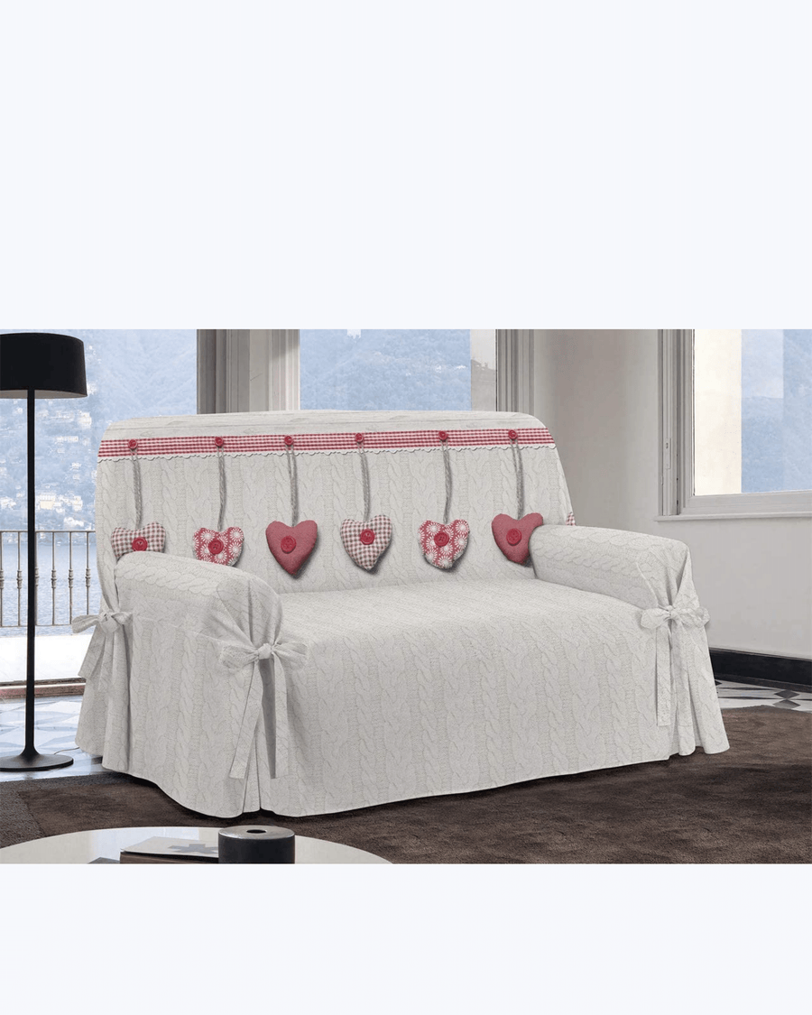 Copripoltrona/Copridivano con Laccetti Shabby con Cuori Made in Italy 1/2/3 posti - Fodera per Poltrona/Divano - Telo in Cotone per Copertura e Protezione da Polvere, Macchie ed Usura Rosso