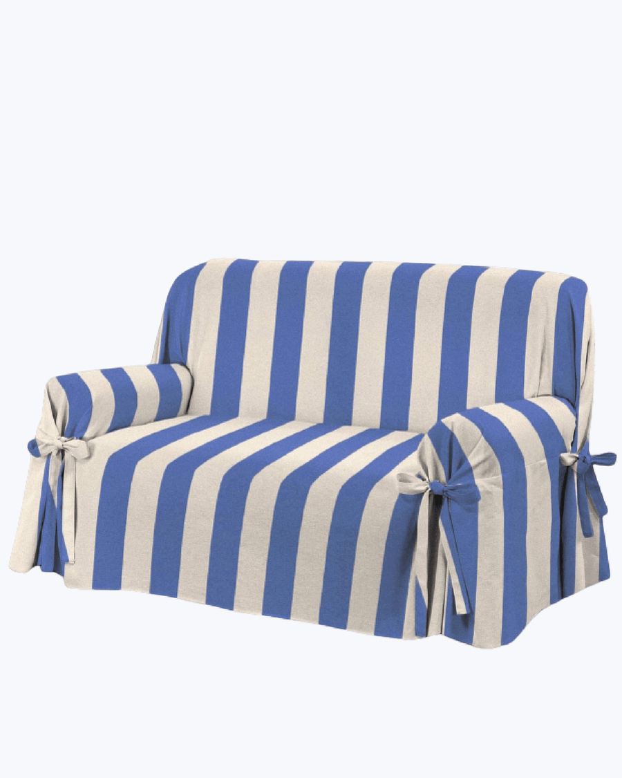 Copripoltrona / Copridivano con Lacci in Cotone | Elegante Salvapoltrona a Righe Blu Beige