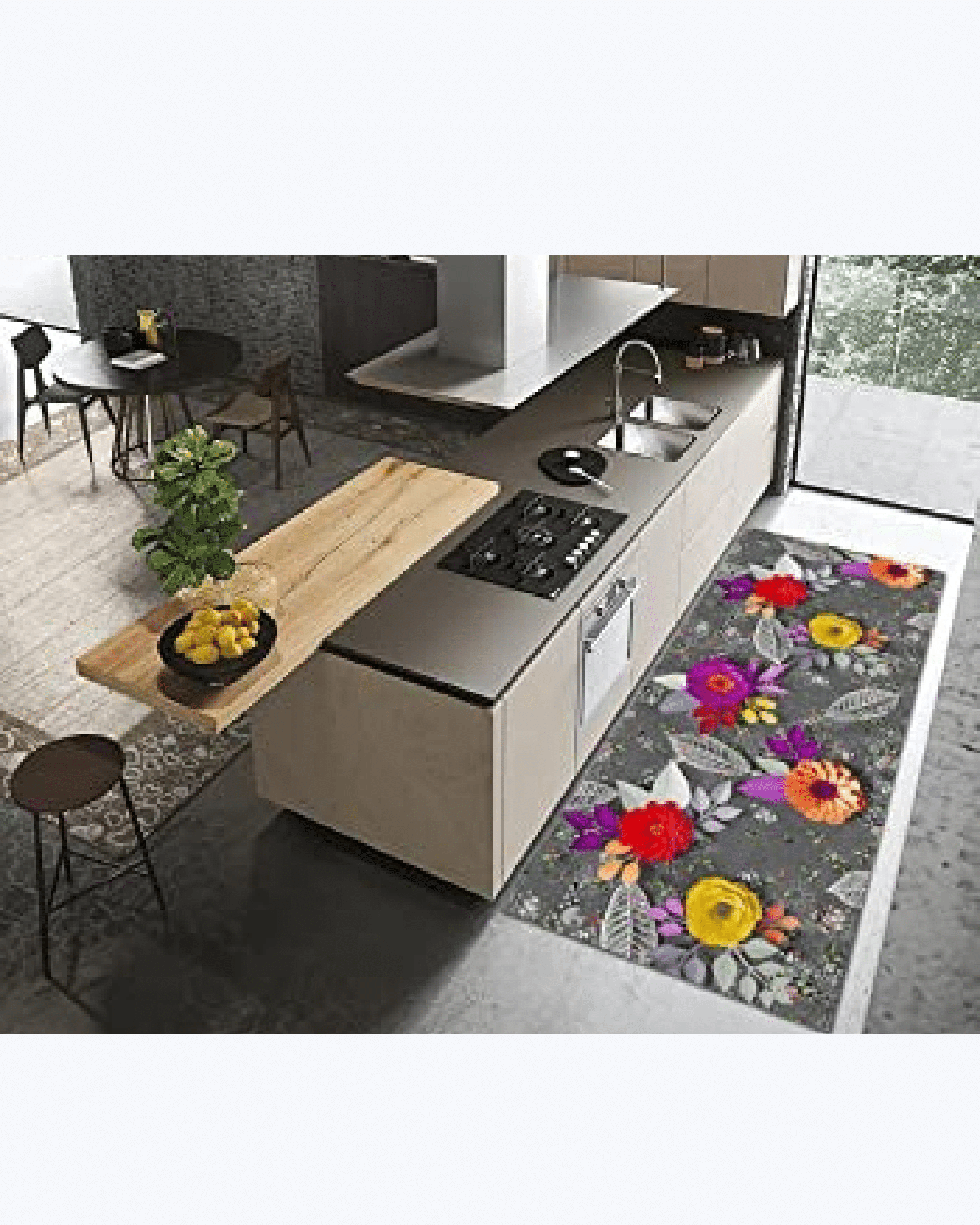 Tappeto Cucina Antiscivolo Lavabile in Vinile - Passatoia Antimacchia in PVC con Fiori 3D