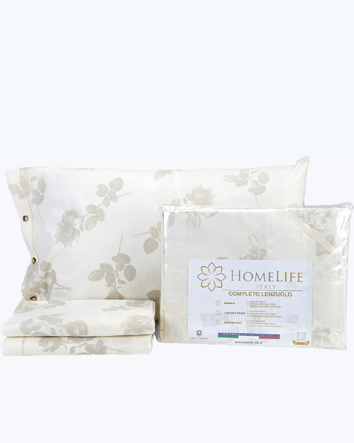 HomeLife Set Lenzuola Completo Letto Singolo 100% Cotone Made in Italy | Lenzuolo Sopra 155x290CM + Lenzuolo Sotto con Angoli 90x200 + Federa con Bottoni 50x80 | Stampa Fantasia di Arabeschi Beige Rose