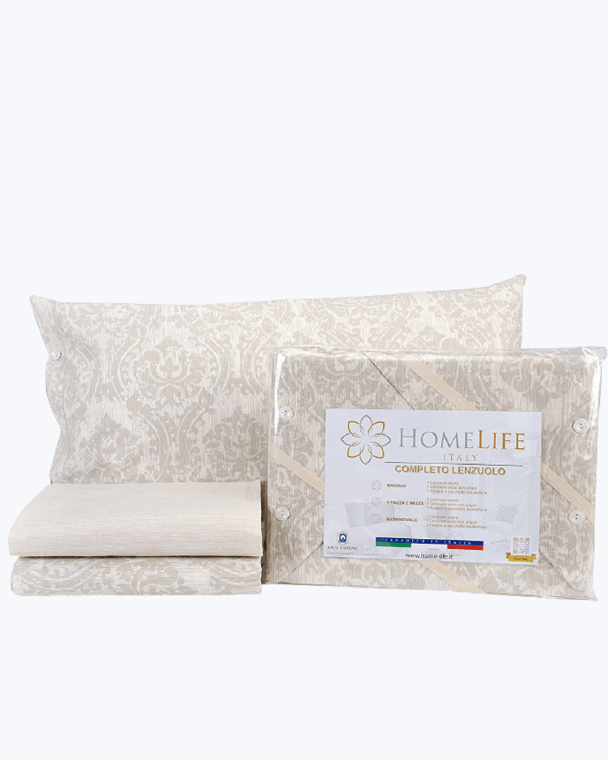 HomeLife Set Lenzuola Completo Letto Singolo 100% Cotone Made in Italy | Lenzuolo Sopra 155x290CM + Lenzuolo Sotto con Angoli 90x200 + Federa con Bottoni 50x80 | Stampa Fantasia di Arabeschi Beige Arabesco
