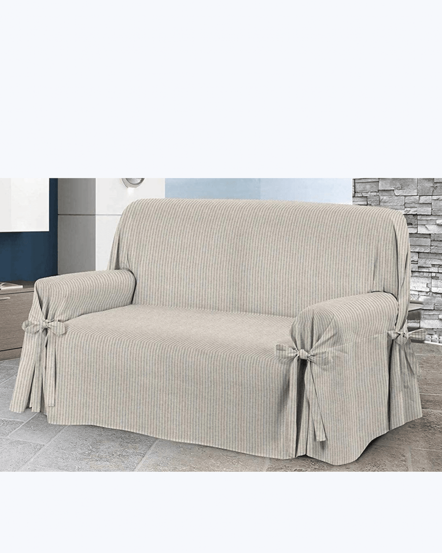 Copripoltrona / Copridivano con Lacci in Cotone | Motivo Rigato Grigio