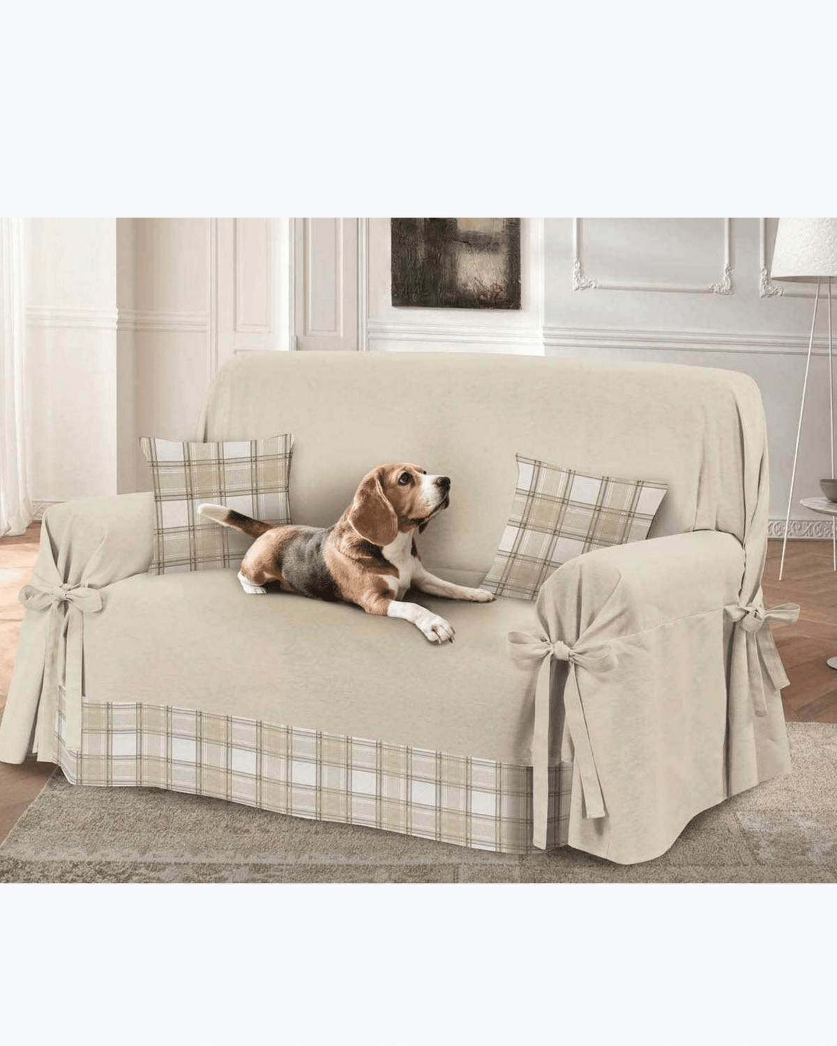 Copripoltrona / Copridivano con Lacci in Cotone | Tinta Unita e Inserto Scozzese Beige