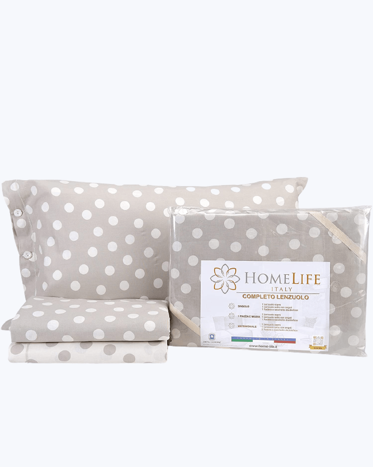 HomeLife Set Lenzuola Completo Letto Singolo 100% Cotone Made in Italy | Lenzuolo Sopra 155x290CM + Lenzuolo Sotto con Angoli 90x200 + Federa con Bottoni 50x80 | Stampa Fantasia di Arabeschi Beige Pois