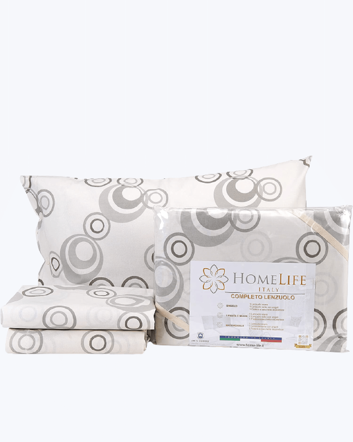 HomeLife Set Lenzuola Completo Letto Singolo 100% Cotone Made in Italy | Lenzuolo Sopra 155x290CM + Lenzuolo Sotto con Angoli 90x200 + Federa con Bottoni 50x80 | Stampa Fantasia di Arabeschi Beige Cerchi