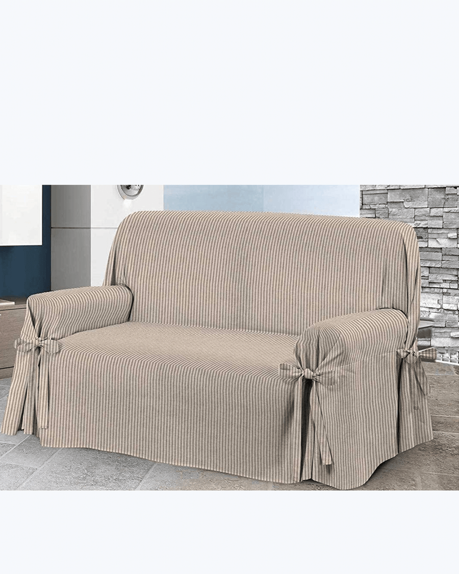 Copripoltrona / Copridivano con Lacci in Cotone | Motivo Rigato Beige
