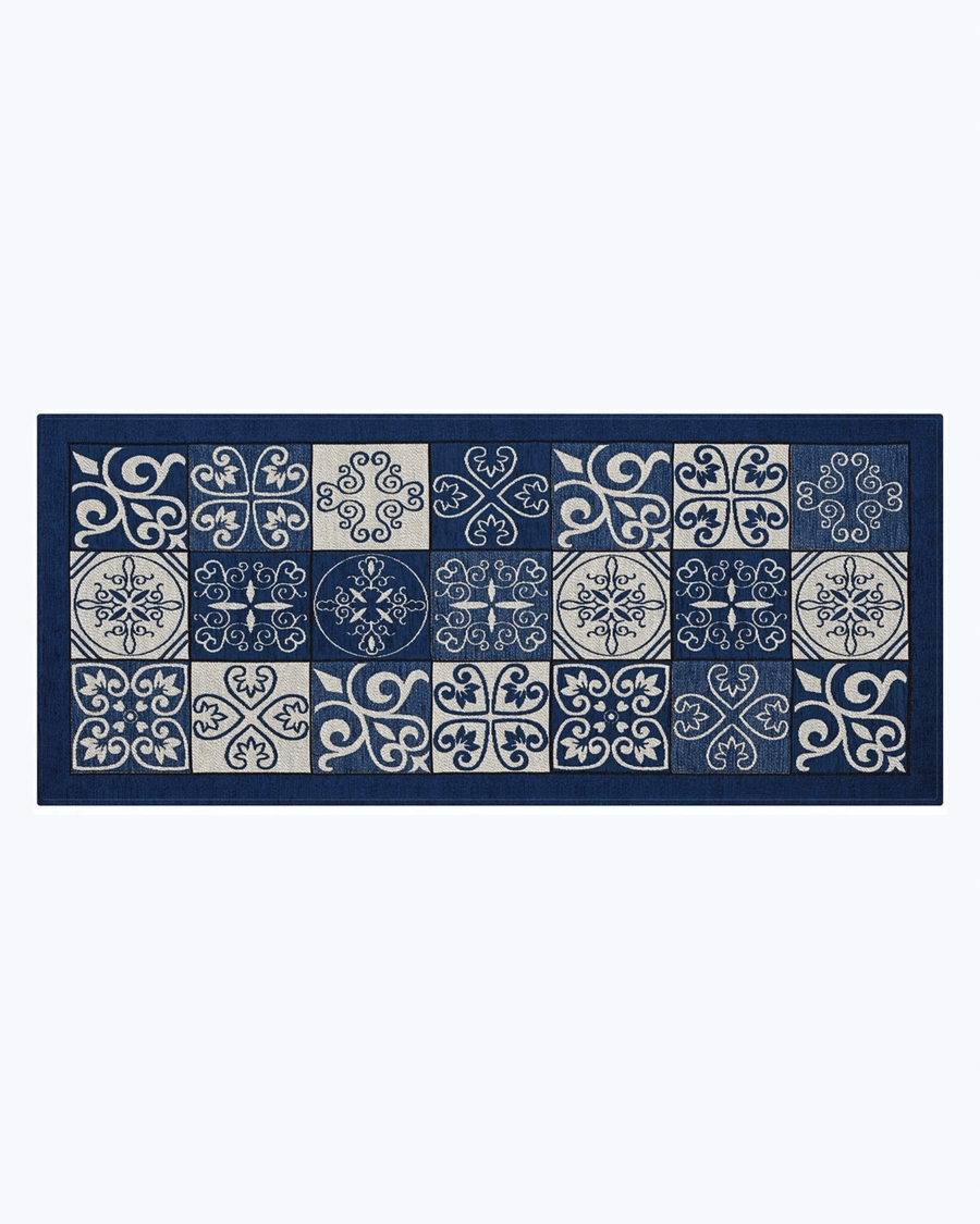 Tappeto Cucina Antimacchia e Antiscivolo | Fantasia a Maiolica Blu