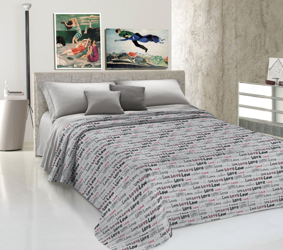 Lenzuolo Copriletto Estivo in Cotone Piquet - Scritta Love Grigio